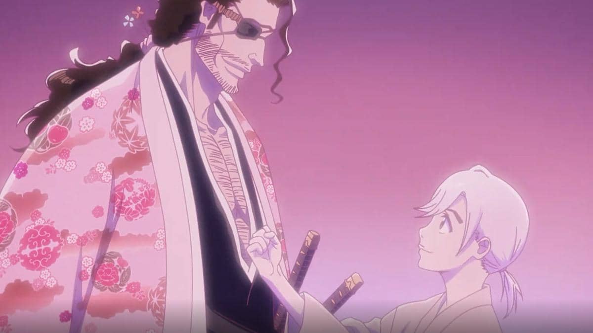 Kyoraku dan Ukitake, dua karakter dari Bleach TYBW Part 4, dalam ilustrasi produksi Studio Pierrot.