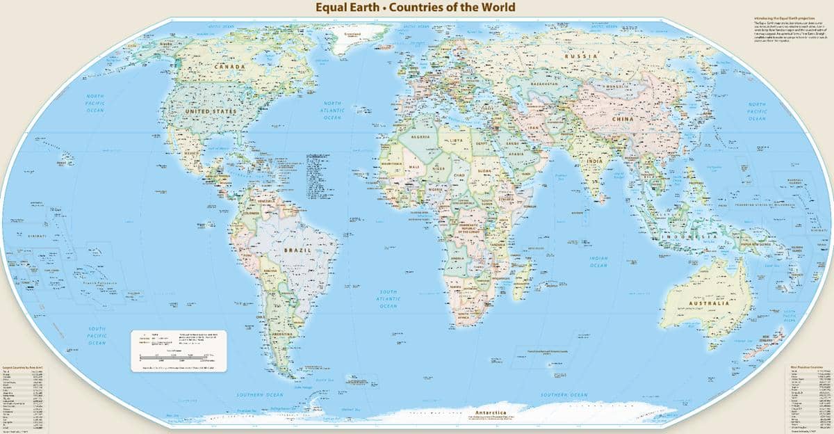 Peta dunia dengan proyeksi Equal Earth yang menampilkan benua dan samudra dalam bentuk datar berwarna.