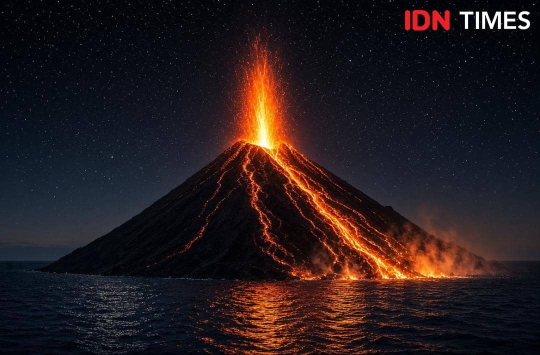 Ilustrasi Anak Krakatau memuntahkan air mancur lava basaltik cair dengan aliran lava deras dalam erupsi bergaya Hawaiian.