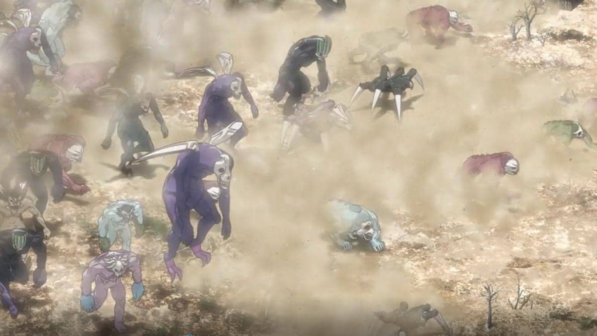Sekelompok Hollow menyerbu Soul Society dalam adegan anime Bleach TYBW Part 4 produksi Studio Pierrot.