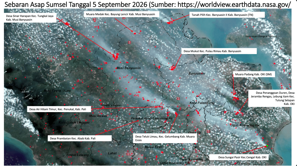 Peta citra satelit NASA memperlihatkan sebaran asap di wilayah Sumatera Selatan pada 5 September 2026.