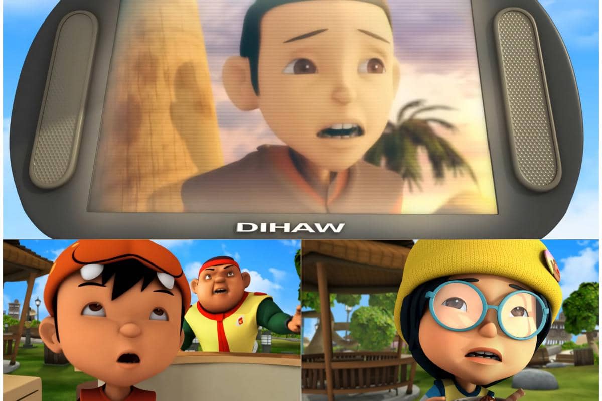 BoBoiBoy, Gopal, dan Ying, tampak serius menyaksikan telenovela Seguni Mawar Merah di televisi gerai Tok Aba