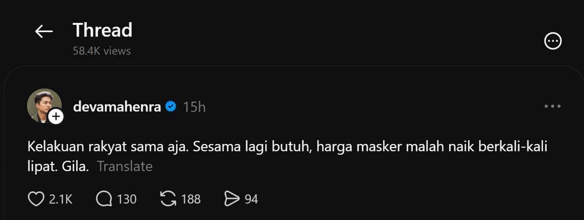 Tangkapan layar unggahan Threads dari devamahenra berisi respons artis mengenai kenaikan harga masker.