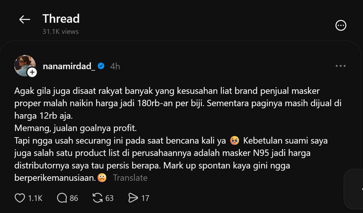 Tangkapan layar unggahan akun Threads Nana Mirdad yang menanggapi kenaikan harga masker di tengah perbincangan warganet.