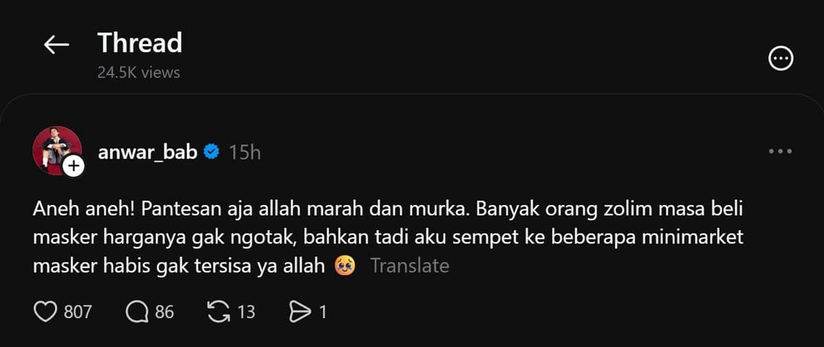 Tangkapan layar unggahan Threads akun anwar_bab mengenai respons artis terhadap kenaikan harga masker.