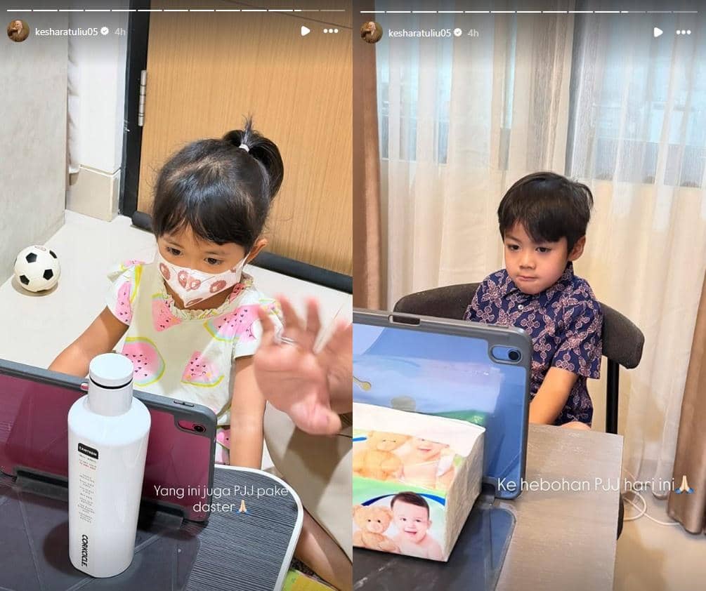 Anak artis menjalani kegiatan sekolah dari rumah sebagai dampak erupsi Gunung Anak Krakatau yang terjadi.
