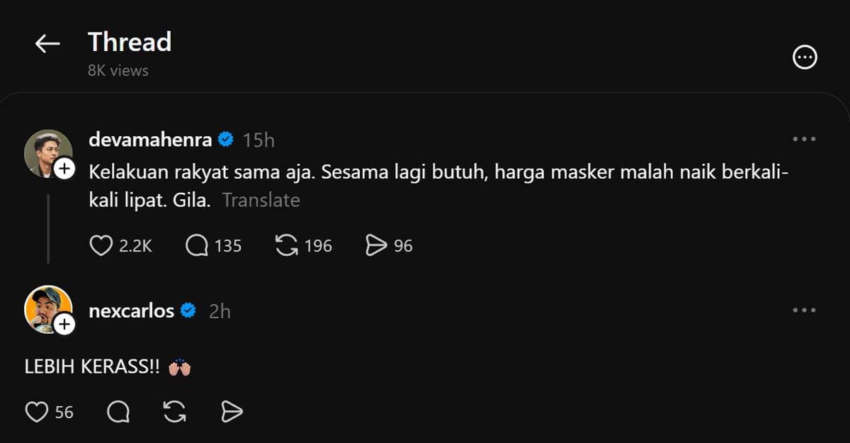 Tangkapan layar unggahan Threads akun Nex Carlos berisi respons artis mengenai kenaikan harga masker.