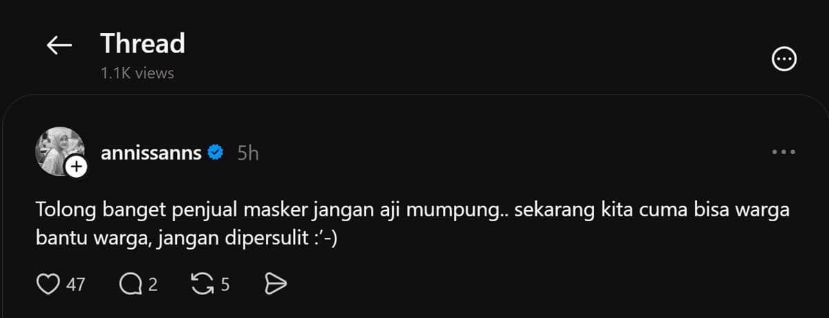 Tangkapan layar unggahan Threads akun annissanns berisi respons artis mengenai kenaikan harga masker.