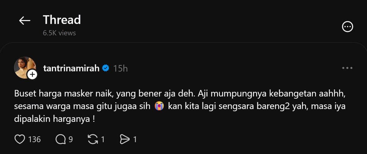 Tangkapan layar unggahan Threads Tantri Namirah berisi respons artis mengenai kenaikan harga masker.