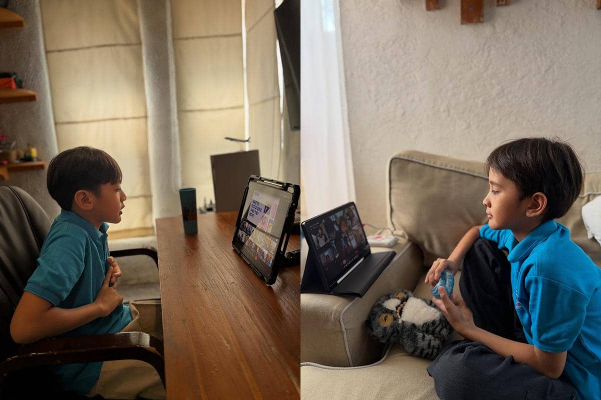 Anak-anak duduk belajar dari rumah dengan buku dan perangkat elektronik saat erupsi Gunung Anak Krakatau.