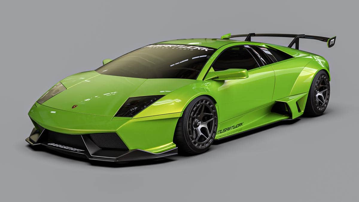 Lamborghini Murcielago modifikasi bergaya drift karya Garasi Drift dipamerkan dalam suasana luar ruang.