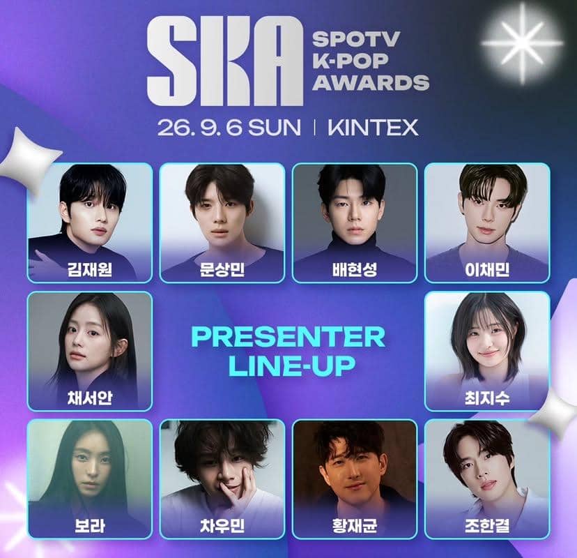 Poster SPOTV K-Pop Awards 2026 dari akun Instagram ska_spotv dengan desain promosi acara musik K-pop.