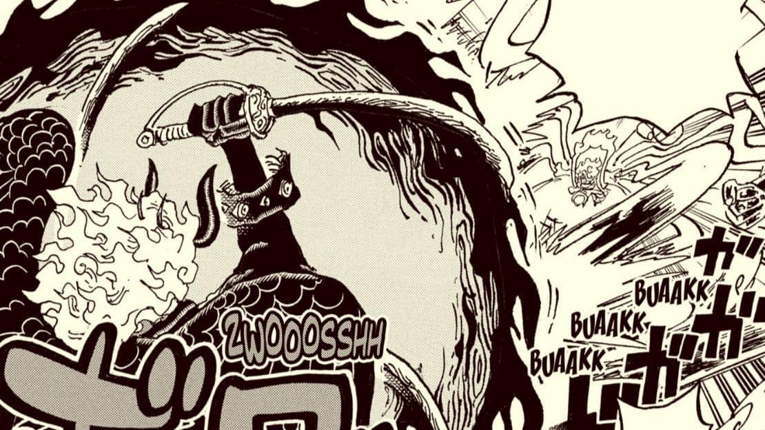 Panel manga One Piece memperlihatkan Nerona Imu bertahan menggunakan Tohu Va-Vohu di tengah serangan.
