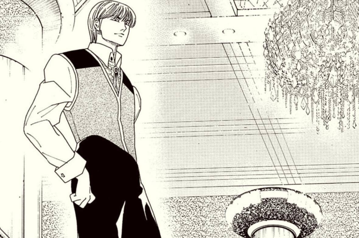 Hisoka tampil dengan ekspresi serius dalam panel manga Hunter x Hunter bab 420 karya Yoshihiro Togashi.