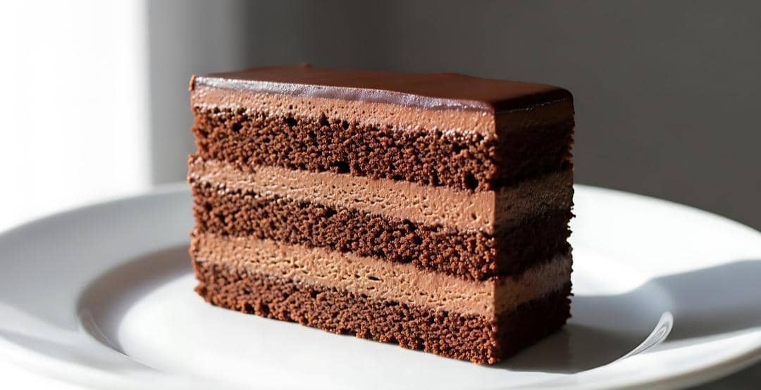 Ilustrasi London Layer Cake dengan lapisan bolu, krim, dan selai yang disajikan sebagai potongan kue manis.
