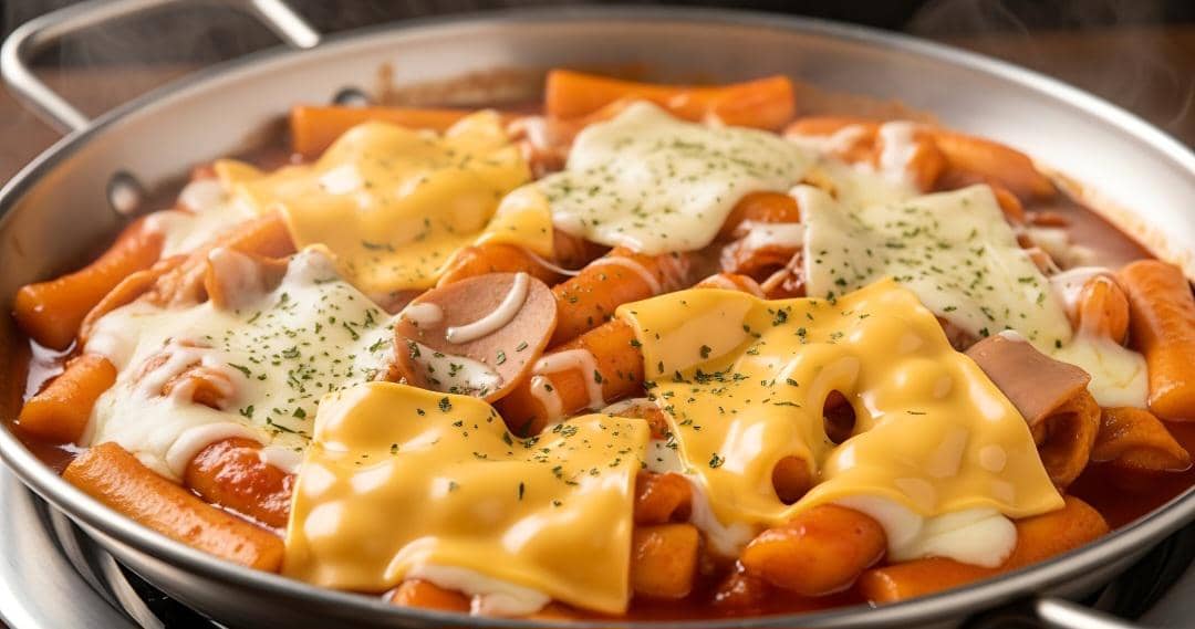 Ilustrasi tteokbokki dengan saus keju, sajian kue beras khas Korea yang tampak lezat dan menggugah selera.