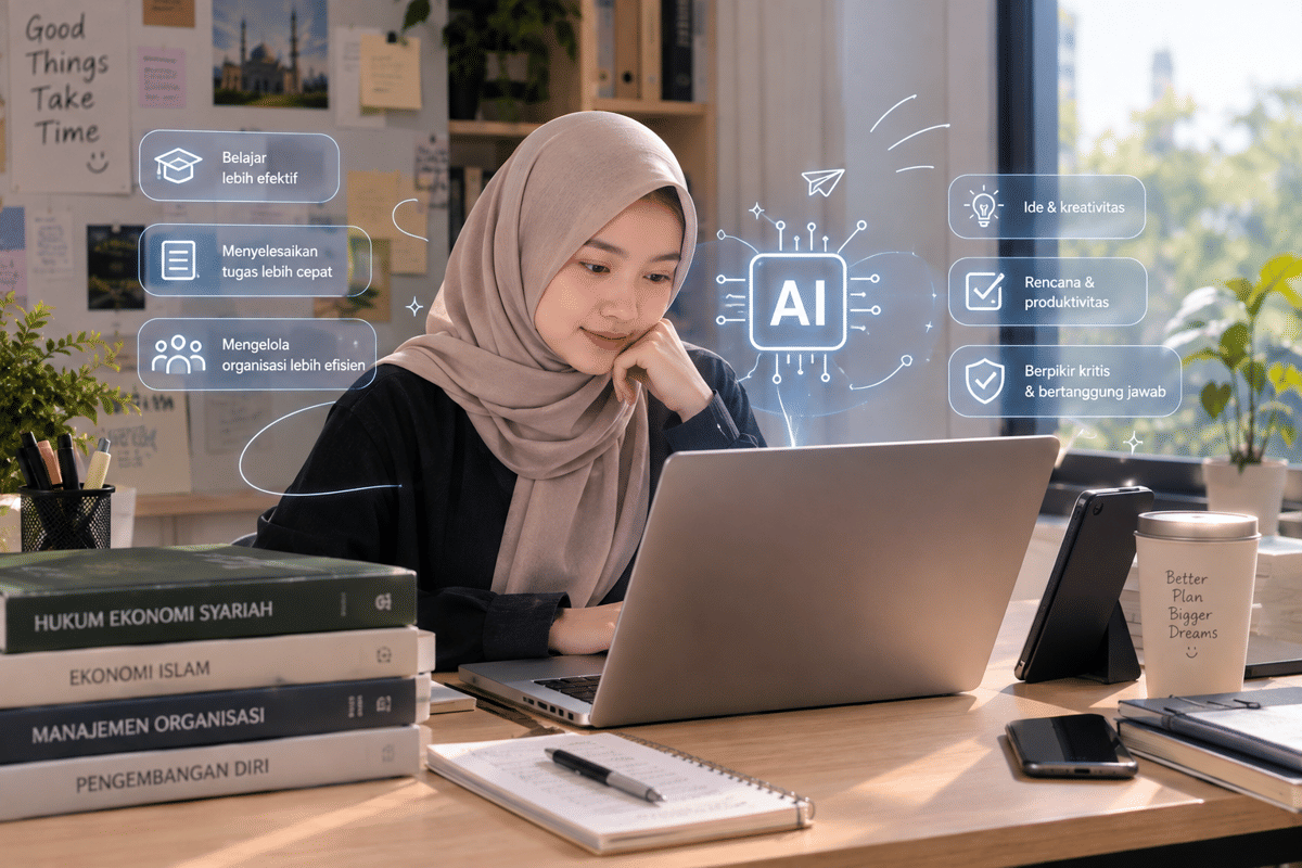 Ilustrasi mahasiswa menggunakan laptop untuk belajar dan bekerja dengan bantuan AI