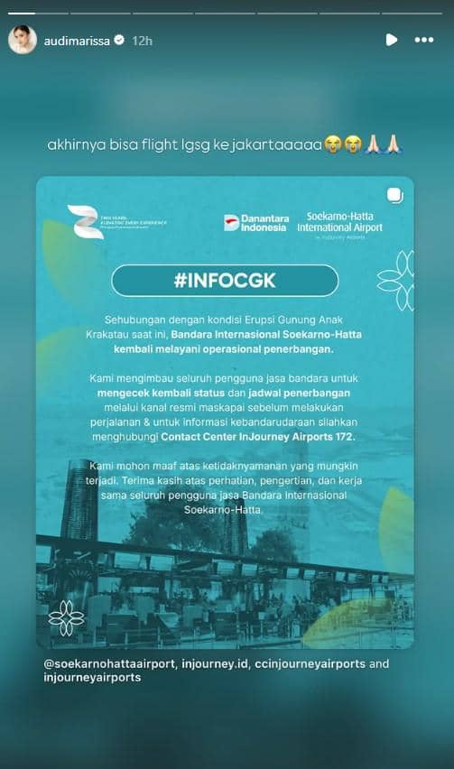 Audi Marissa membagikan cerita tentang momen akhirnya dapat pulang ke Jakarta melalui unggahan Instagram.