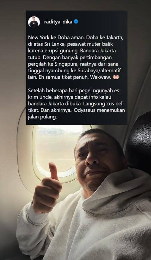 Raditya Dika membagikan cerita tentang momen akhirnya dapat pulang ke Jakarta melalui unggahan Instagram pribadinya.