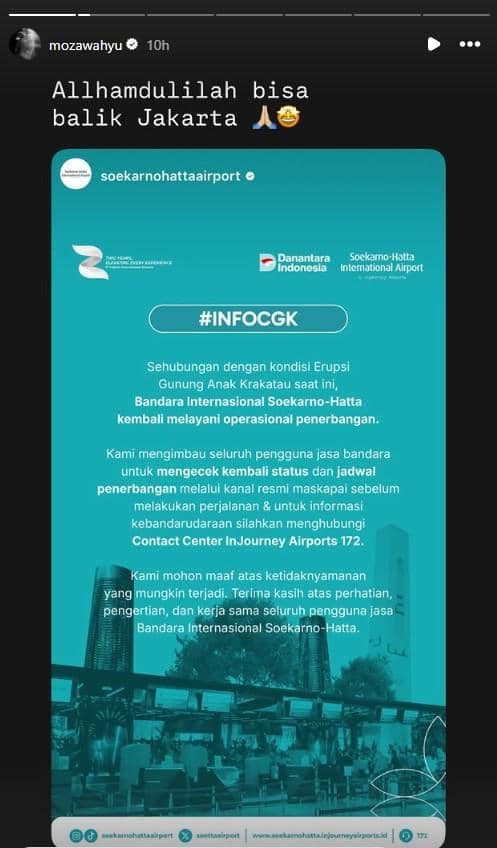 Unggahan Instagram @mozawahyu tentang seorang artis yang akhirnya dapat pulang ke Jakarta setelah perjalanan.