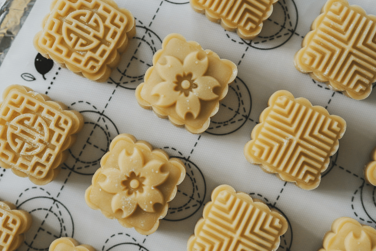 Kue bulan wu ren berbentuk bulat dengan isian kacang dan biji-bijian, tersaji di atas piring keramik.