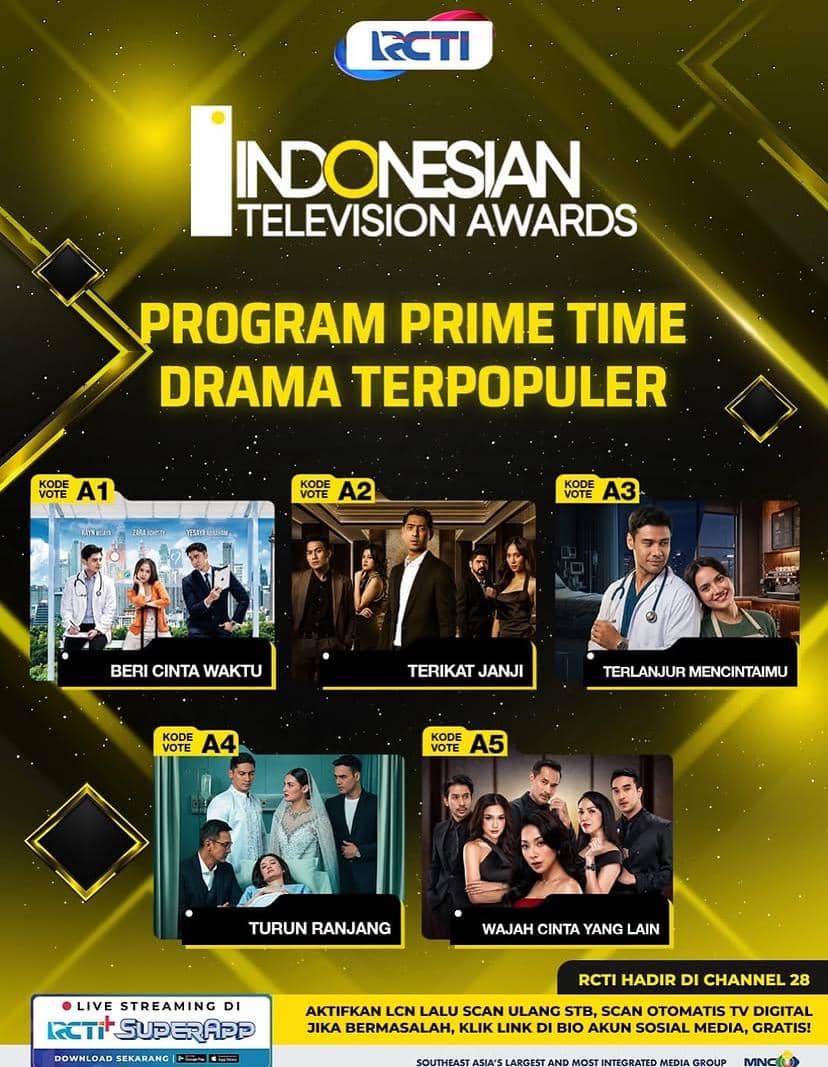 Poster daftar nominasi Indonesian Television Awards 2026 dengan judul acara berwarna emas di atas latar gelap.