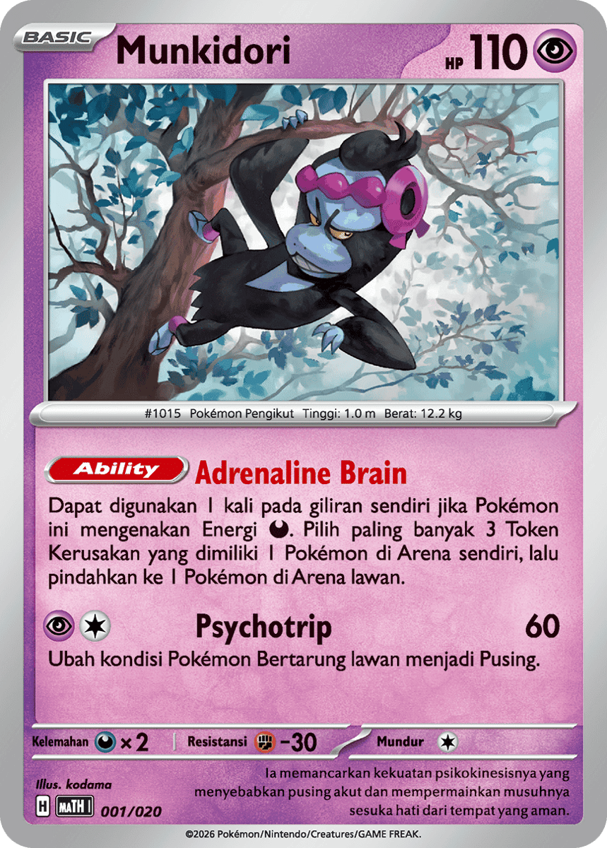 Ilustrasi karakter Pokémon Munkidori, monyet berwarna biru kehijauan dengan rantai hijau di lehernya.