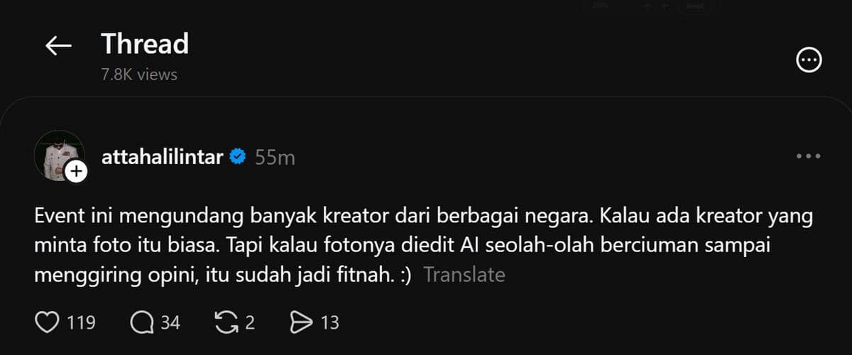 Tangkapan layar unggahan klarifikasi Atta Halilintar yang dibagikan melalui akun Threads miliknya.