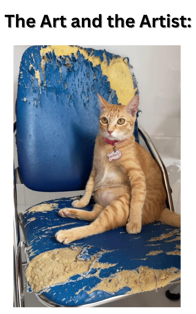 Meme kucing bertema seni disertai teks humor yang membahas pandangan seekor kucing terhadap karya artistik.