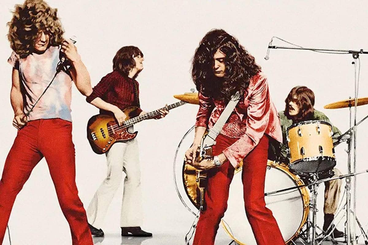 Poster dokumenter Becoming Led Zeppelin menampilkan judul film dan potret empat anggota band Led Zeppelin.