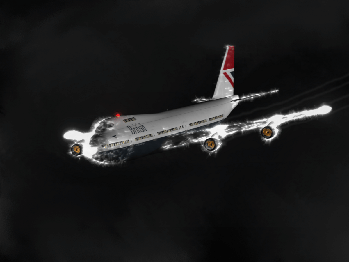 ilustrasi pesawat Boeing 747-200 British Airways Flight 009 ketika sedang berada di dalam awan abu vulkanik
