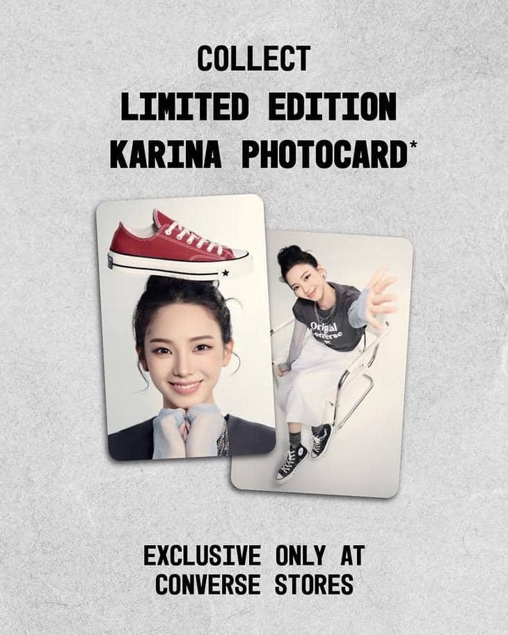 Photocard KARINA aespa dengan potret sang idola dalam desain kartu koleksi dari unggahan Instagram Converse Indonesia.