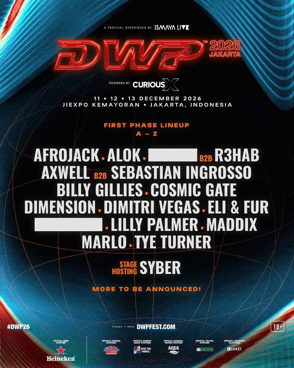 Poster lineup DWP 2026 dari akun Instagram dwpfest dengan daftar musisi yang akan tampil dalam festival.