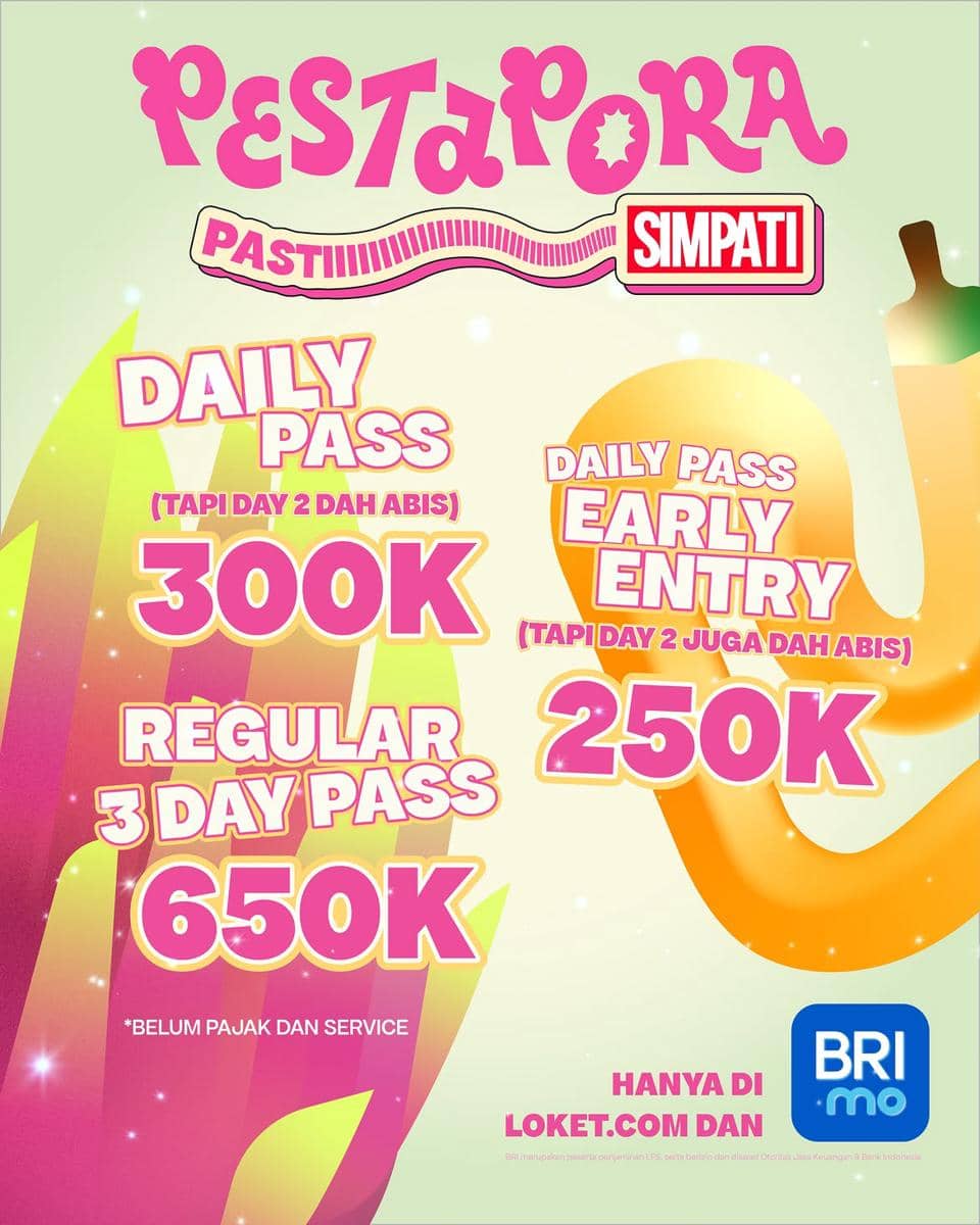 Poster digital informasi tiket Pestapora 2026 dari akun Instagram resmi Pestapora dengan desain promosi berwarna cerah.