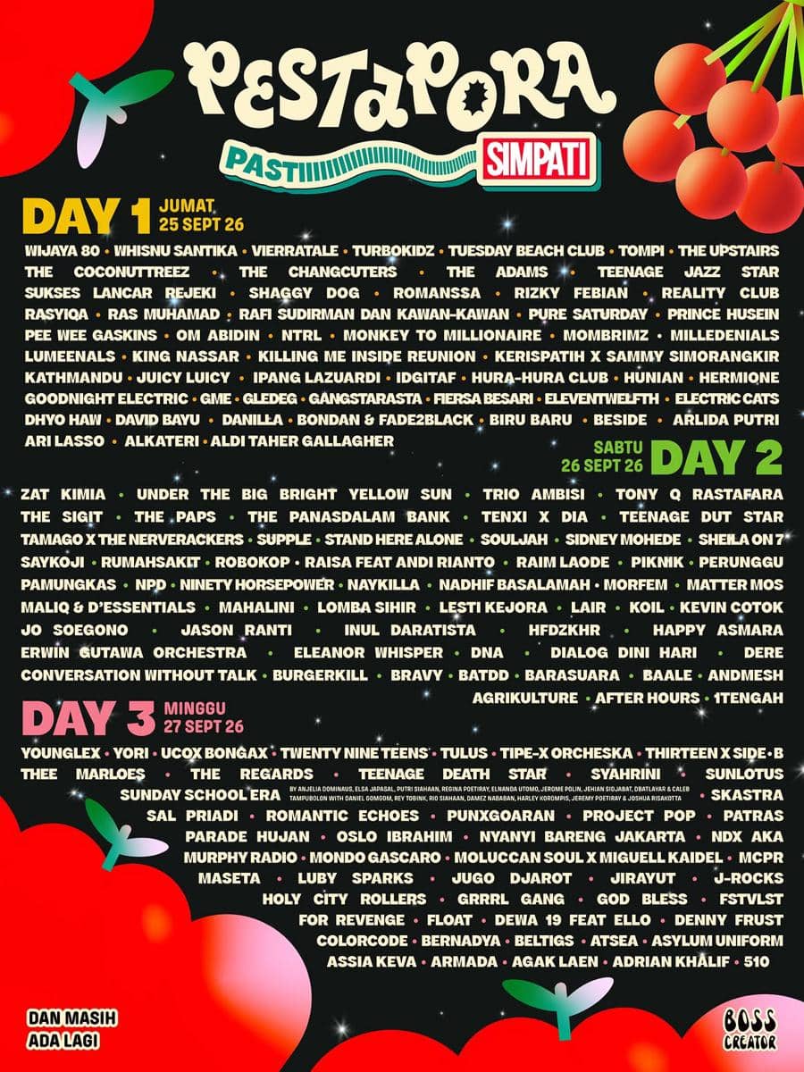 Poster lineup Pestapora 2026 dari Instagram Pestapora, memuat deretan nama musisi yang tercantum untuk festival.