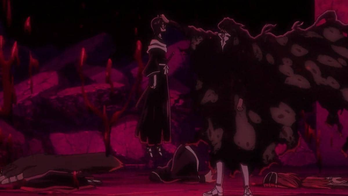 Potongan tubuh Renji berjatuhan di latar gelap dalam adegan dramatis anime Bleach: Thousand-Year Blood War.