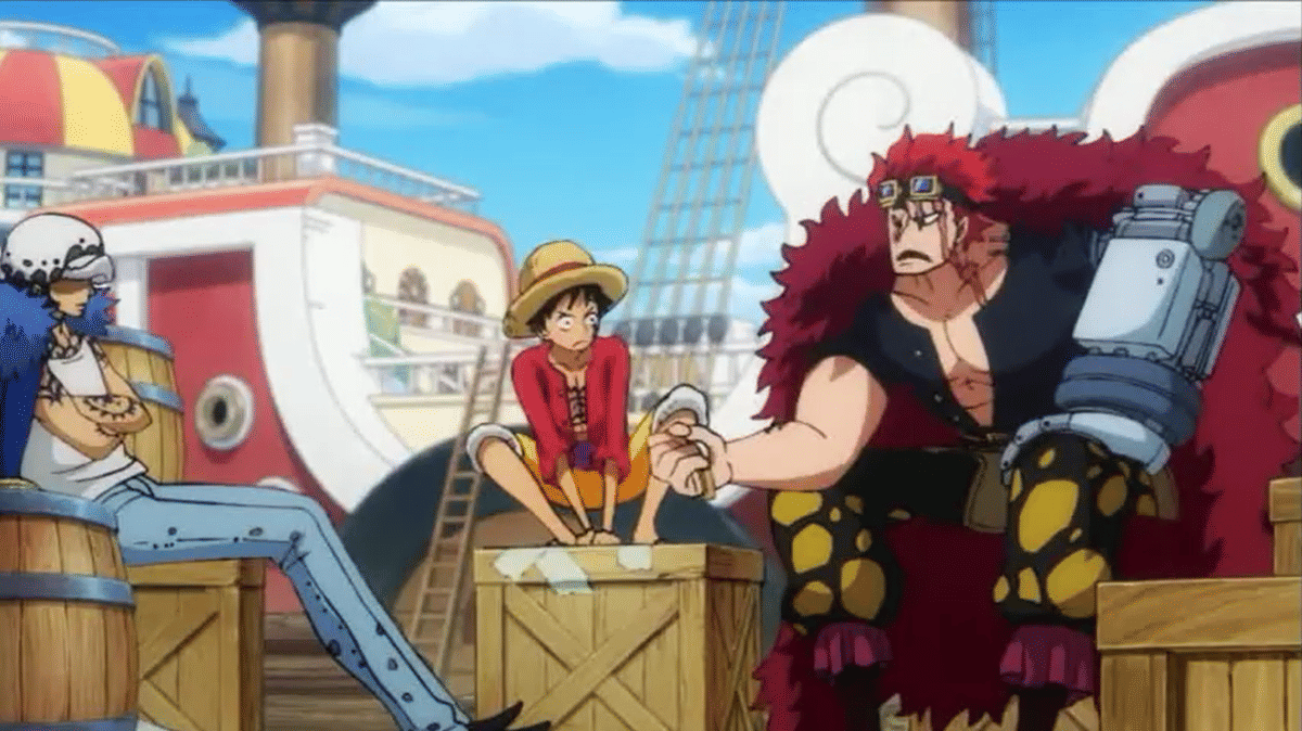 Trafalgar Law, Monkey D. Luffy, dan Eustass Kid bersama dalam ilustrasi One Piece karya Eiichiro Oda dari Shueisha.