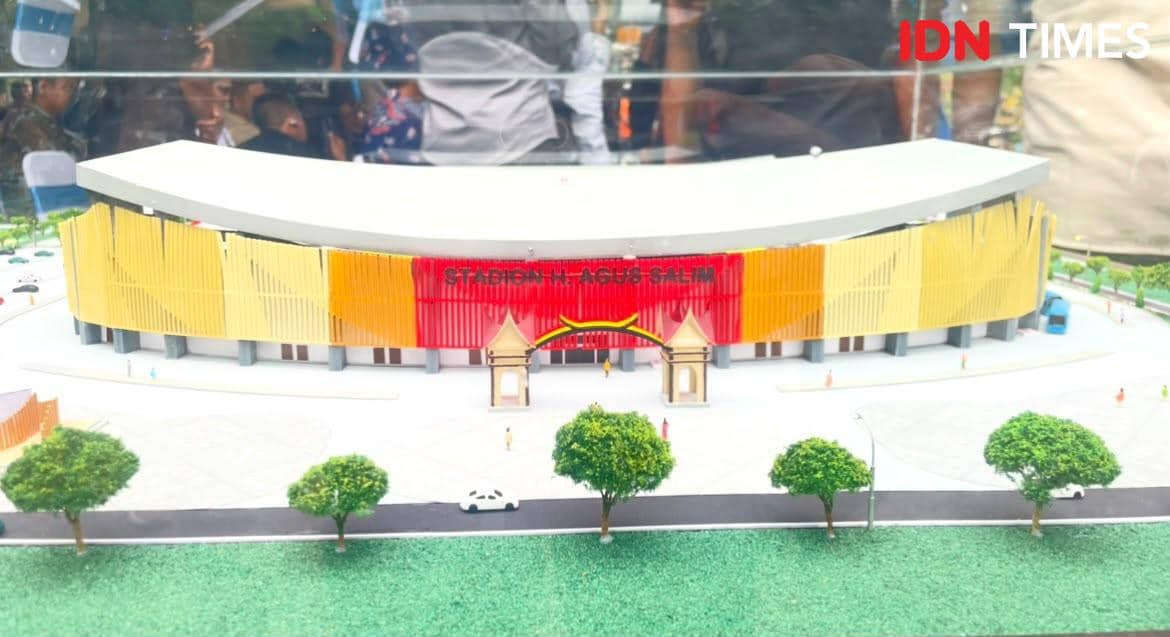 Mock up 3D tampak depan GOR H Agus Salim Padang yang baru dengan desain fasad modern dan area pintu masuk.