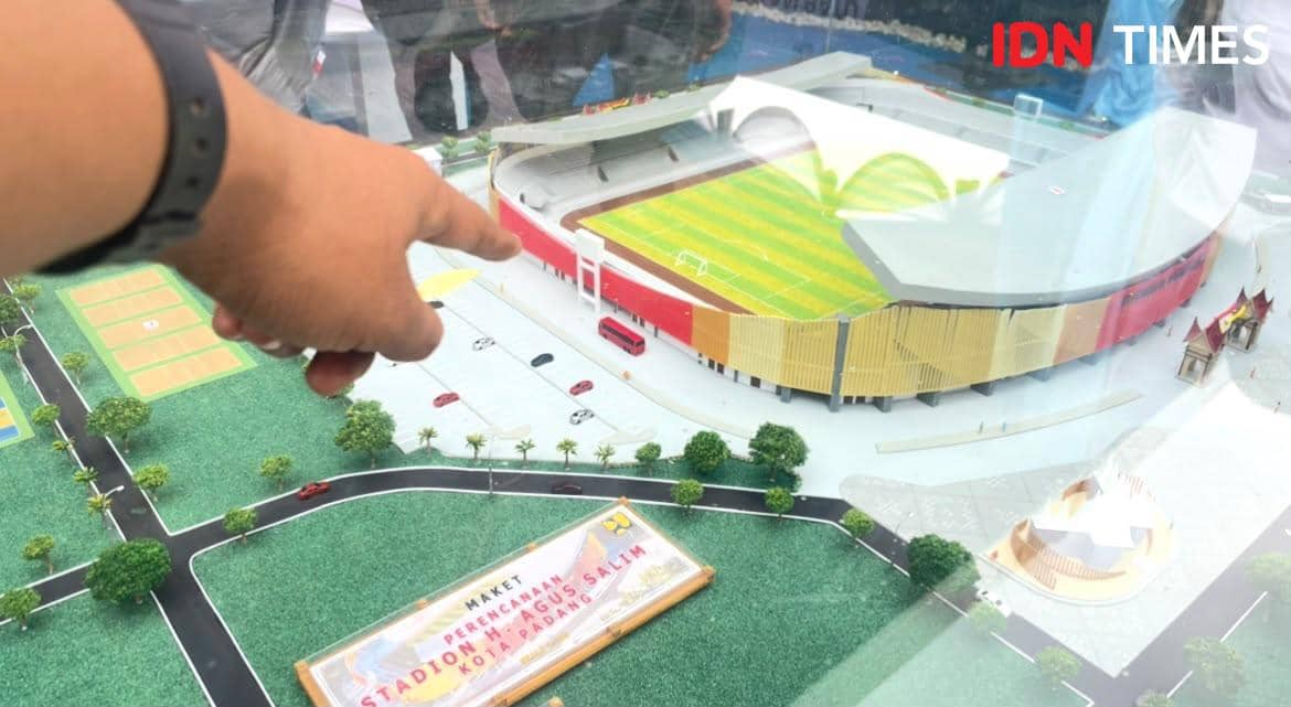 Ilustrasi mock up 3D GOR H Agus Salim Padang yang baru dengan rancangan bangunan arena olahraga modern.
