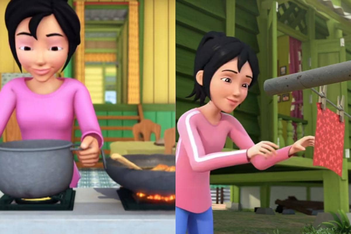 Kak Ros memasak dengan kompor gas dan menjemur pakaian di bawah terik matahari