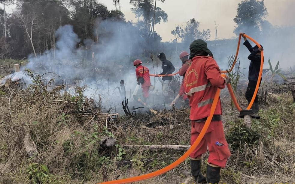 Tim Manggala Agni saat melakukan pemadaman lahan yang terbakar di Muba.