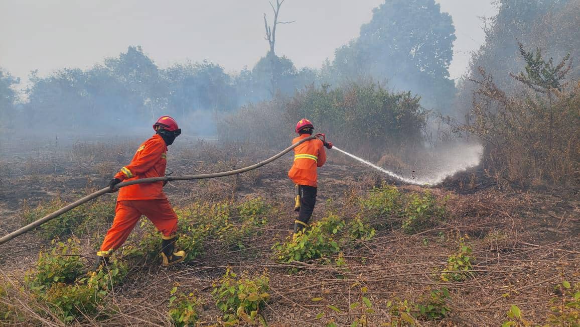 Tim BPBD Muba saat melakukan pemadaman lahan yang terbakar.
