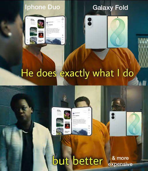 Meme iPhone 18 dan iPhone Duo dari akun X @onecak yang menampilkan perbandingan dua model ponsel secara humoris.