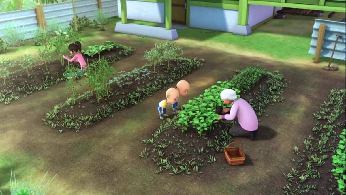 Upin & Ipin ikut berkebun bersama Opah dan Kak Ros