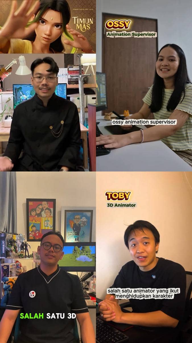 Animator film animasi Timun Mas bekerja di depan komputer saat mengembangkan adegan untuk proyek animasi.