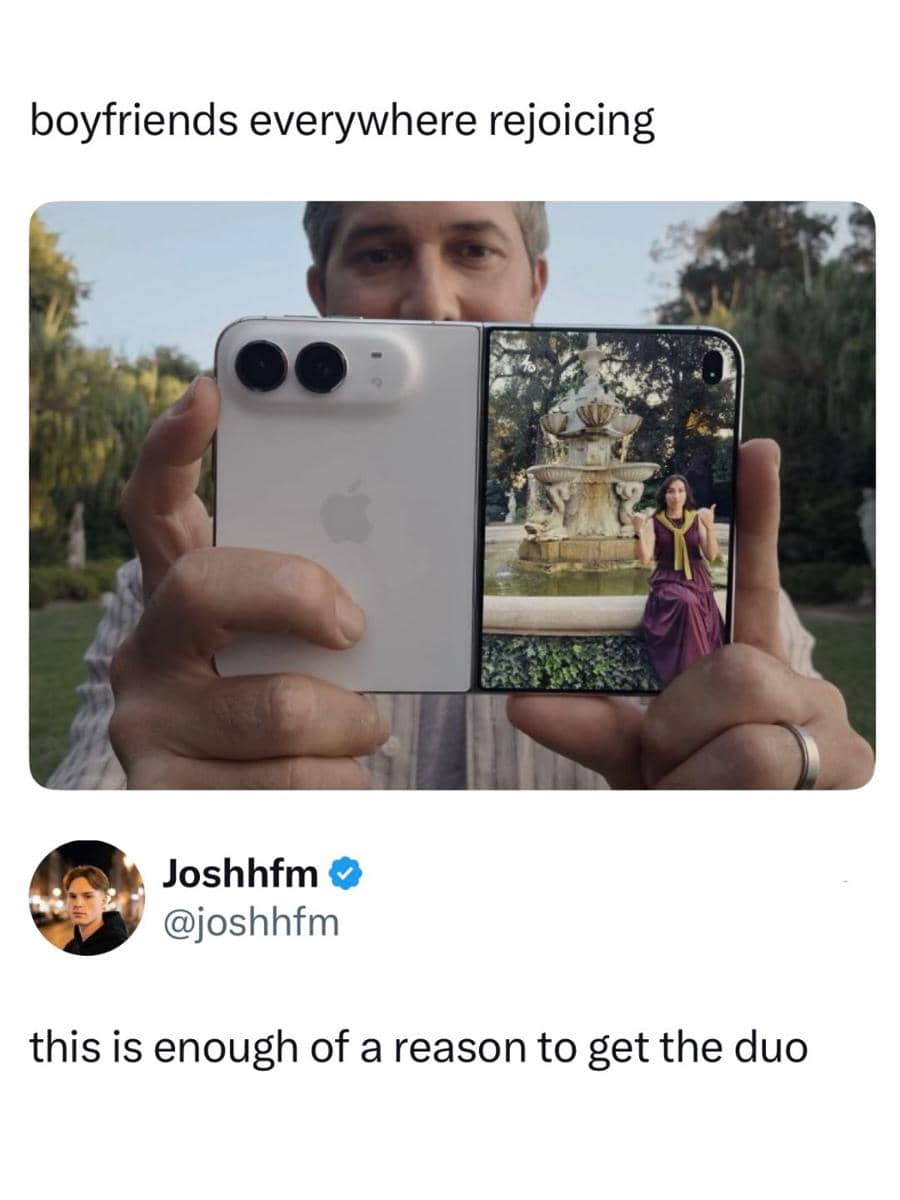 Meme iPhone 18 dan iPhone Duo yang dibagikan akun X Joshfm menggambarkan perbandingan dua konsep ponsel Apple.