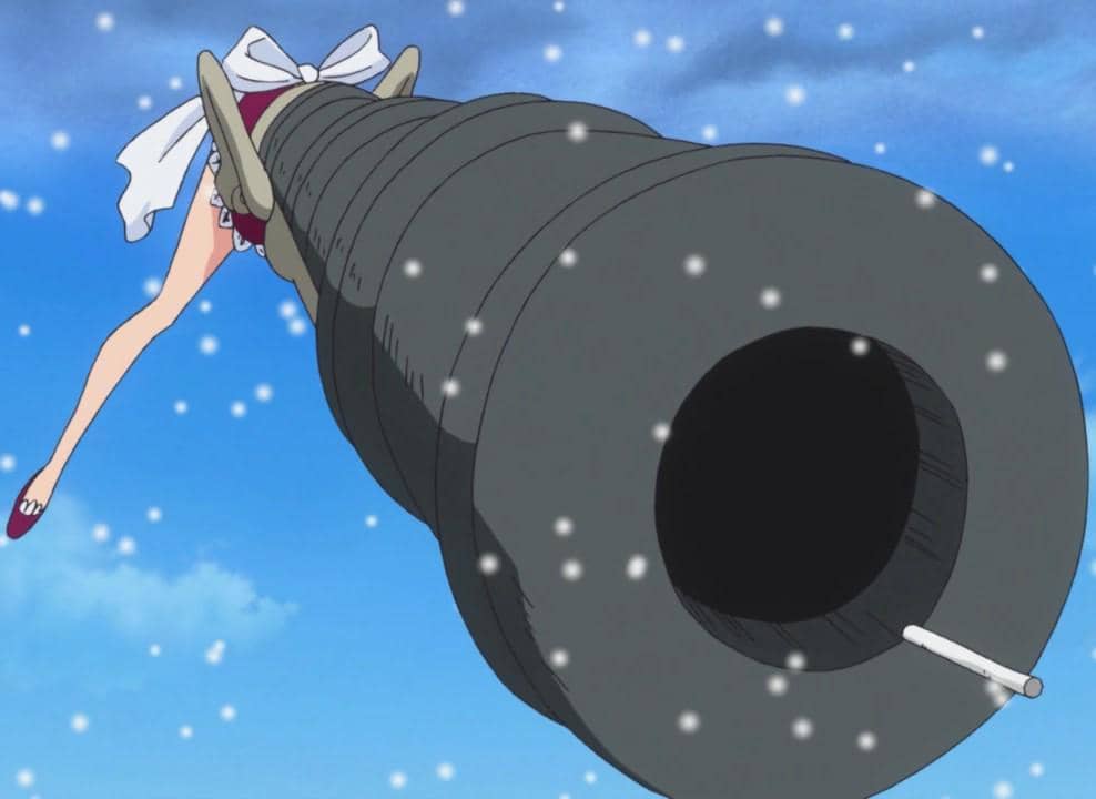 Karakter Baby 5 dari One Piece mengubah lengan menjadi senjata api dengan kekuatan Buki Buki no Mi.