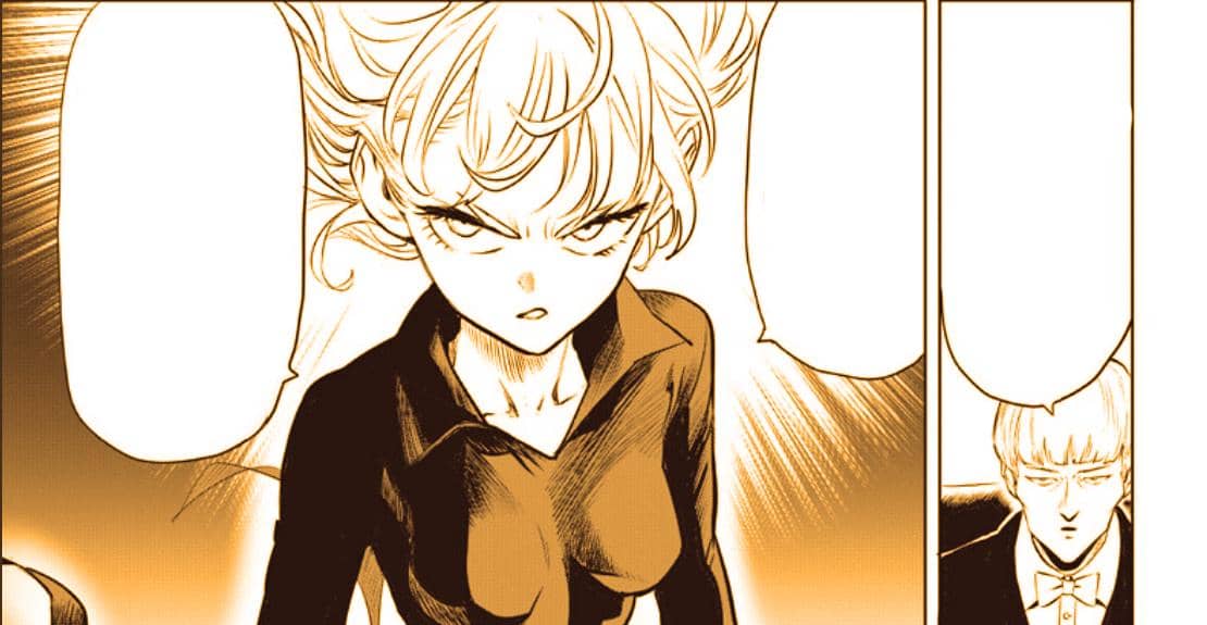 Tatsumaki berambut hijau dengan ekspresi serius saat mendengar ancaman dari organisasi baru dalam One Punch Man.