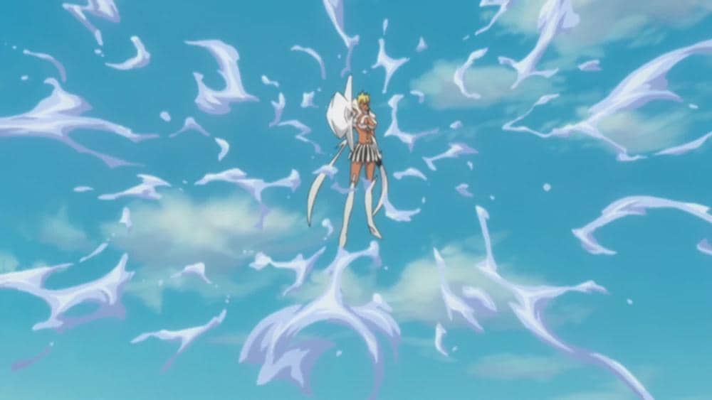 Harribel memakai kemampuan Ressureccion dalam adegan pertarungan dari serial anime Bleach produksi Pierrot.