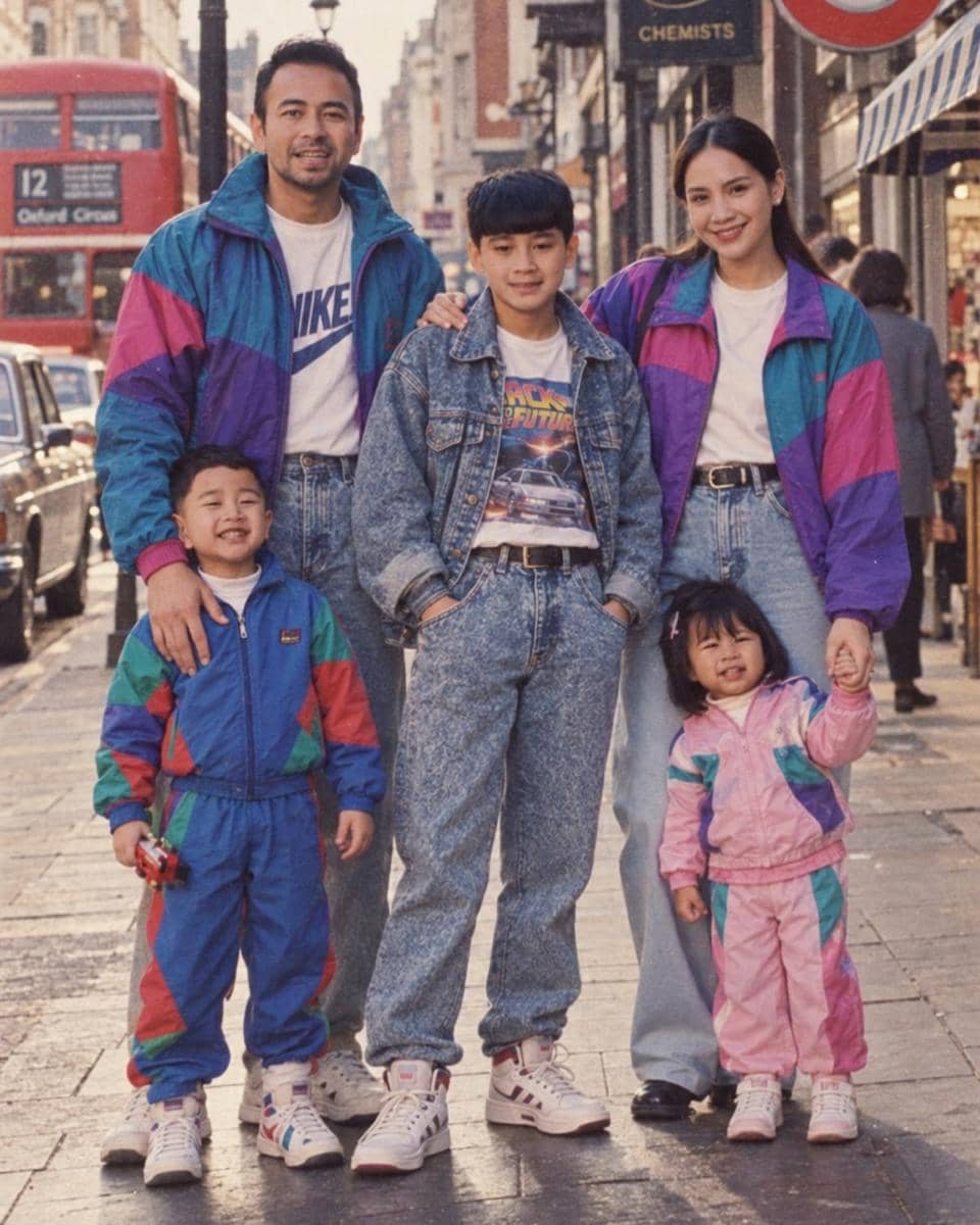 Pasangan selebritas mengenakan busana bergaya 80-an dengan warna cerah, memadukan jaket, kaus, dan aksesori retro.
